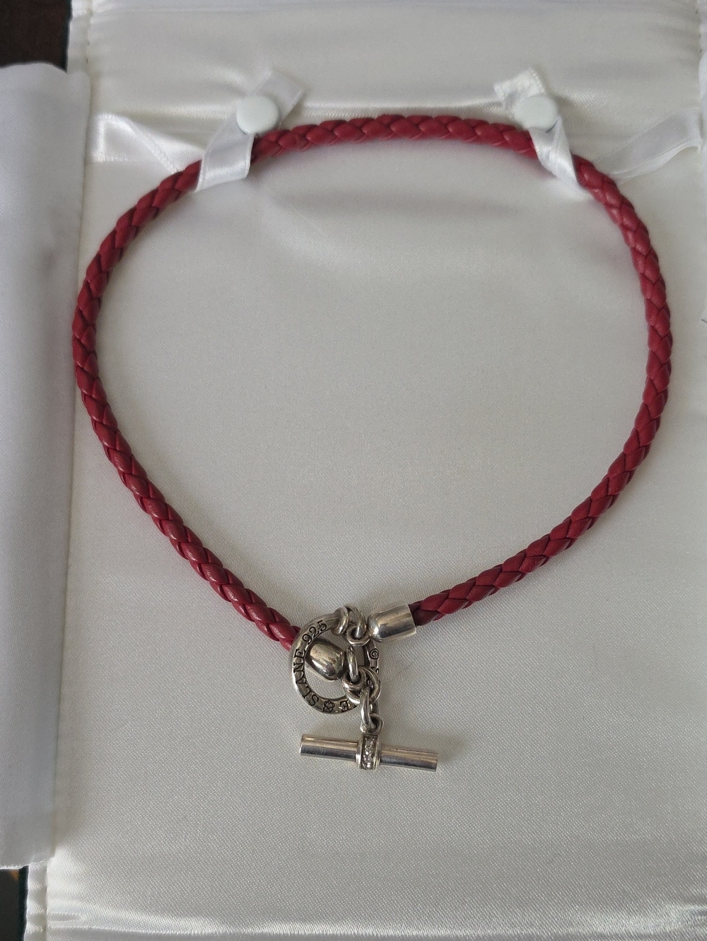 SLANE Red Braided Leather Necklace Sterling Silver Toggle w/ 9  .25 Ctw Diamonds